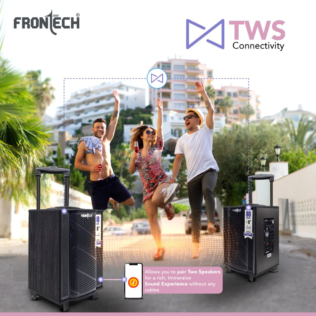Frontech Nocturn Lite 80W Trolley Speaker | Wireless Mics, USB/BT/FM, Guitar & MIC Input, Rechargeable (SW-0221) Frontech Nocturn Lite 80W Trolley Speaker | Wireless Mics, USB/BT/FM, Guitar & MIC Input, Rechargeable (SW-0221)